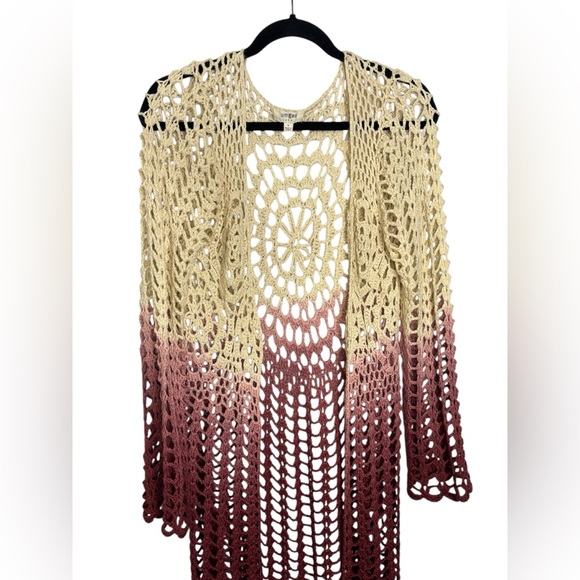 Umgee Crochet Knit Open Front Long Line Cardigan Kimono Size Small Ombré - Picture 3 of 8